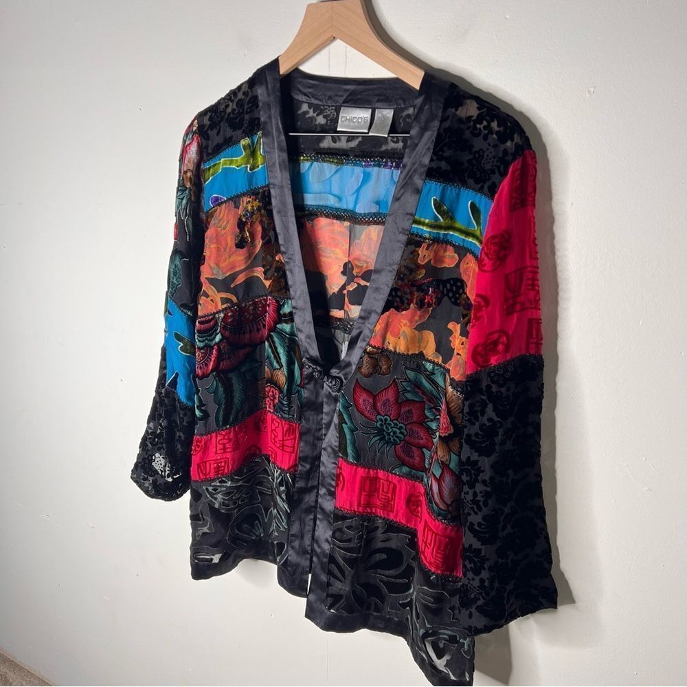 Chicos crushed velvet bohemian burn out patchwork cardigan jacket medium Silk - Picture 2 of 7
